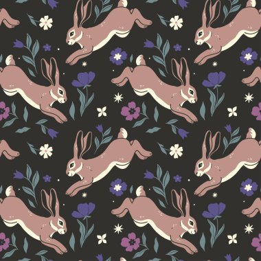 Karanlık bir arka planda kusursuz bir tavşan ve çiçek deseni. Vektör resmi.