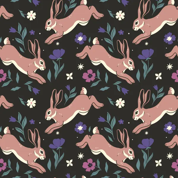 Seamless pattern of hares and flowers on a dark background. Vector image.