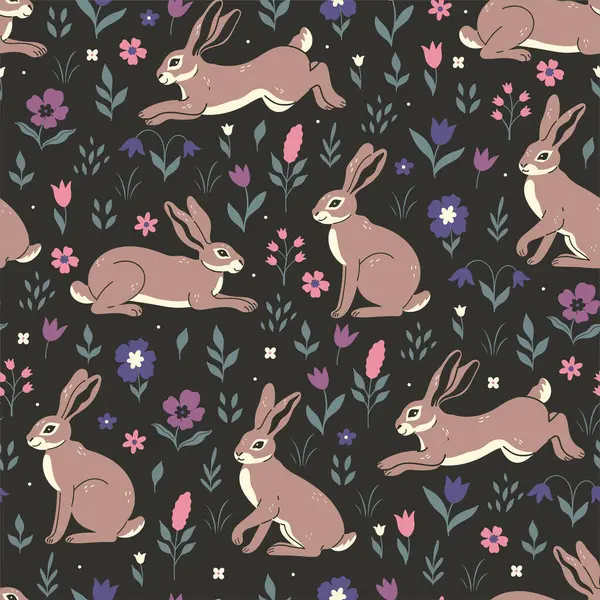 Koyu bir arka planda tavşan ve çiçeklerle kusursuz bir desen. Vektör resmi.