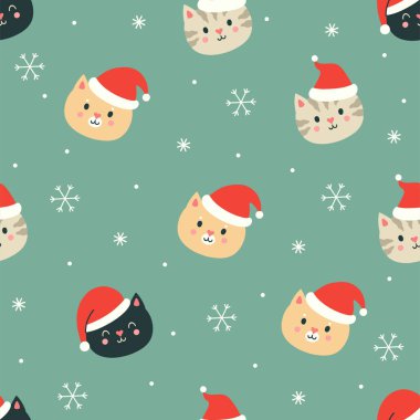 Kırmızı Noel şapkalı kedi yüzlü kusursuz desen. Vektör resmi