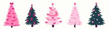 Toplar ve yaylarla süslenmiş yeşil ve pembe Noel ağaçları koleksiyonu. Vektör resmi.