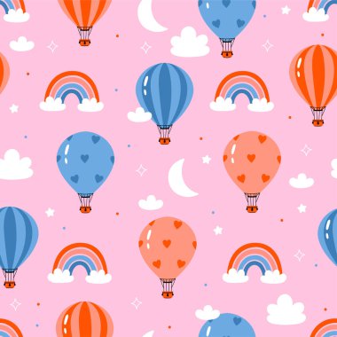 Balonlar, gökkuşakları ve bulutlarla kusursuz desen. Vektör resmi.