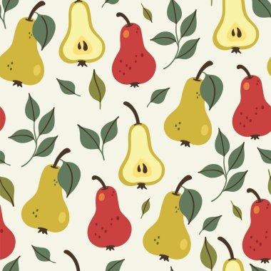 Kırmızı ve yeşil armutlu kusursuz desen. Vektör resmi.