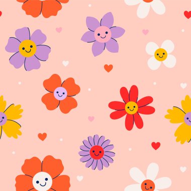 Güzel gülümseyen çiçekleri olan kusursuz bir desen. Vektör resmi.