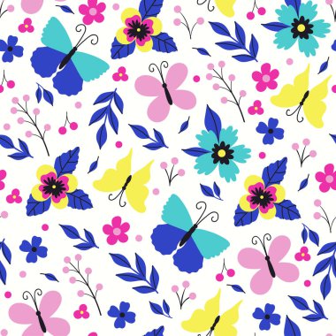 Beyaz arka planda kelebekli ve çiçekli kusursuz desen. Vektör resmi.