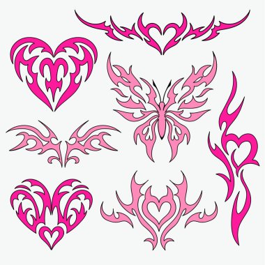 Set of female tattoos. Emo, goth, heart, 90 s style. Vector image clipart