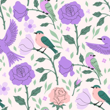 Kuşlar ve mor güller pürüzsüz desen. Vektör resmi.