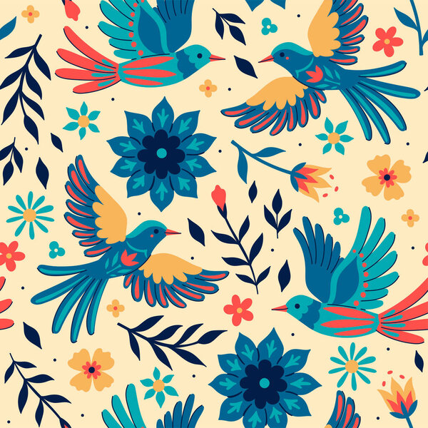Бесшовный узор с птицами и цветами в народном стиле. Векторное изображение.