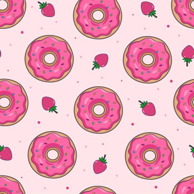 Pembe jöleli ve çilekli donutlar. Vektör resmi.