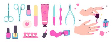 Çeşitli aksesuarlar, ekipmanlar, manikür ve pedikür aletleri. Vektör resmi.