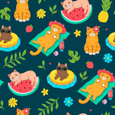 Tatilde olan yaz kedileriyle kusursuz bir düzen. Vektör resmi.