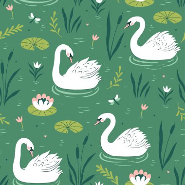 Gölün üzerinde beyaz kuğular olan kusursuz bir desen. Vektör resmi.