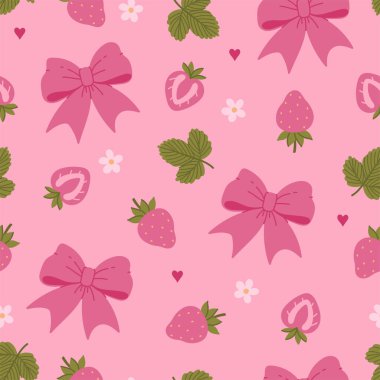 Pink seamless pattern with strawberries and bows. Vector image