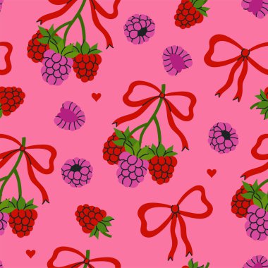 Ahududu ve fiyonklu pembe pürüzsüz desen. Vektör resmi.