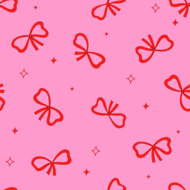 Pembe arka planda kırmızı fiyonklu kusursuz desen. Vektör resmi
