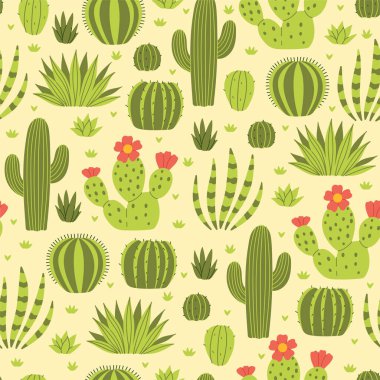 Çeşitli çöl kaktüsleriyle kusursuz desen. Vektör resmi.