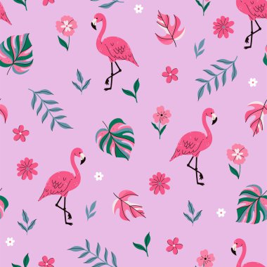 Pembe flamingoları, çiçekleri ve tropikal yaprakları olan kusursuz bir desen. Vektör resmi.