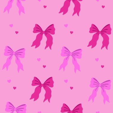 Pembe kurdeleli ve kalpli kusursuz desen. Vektör resmi.