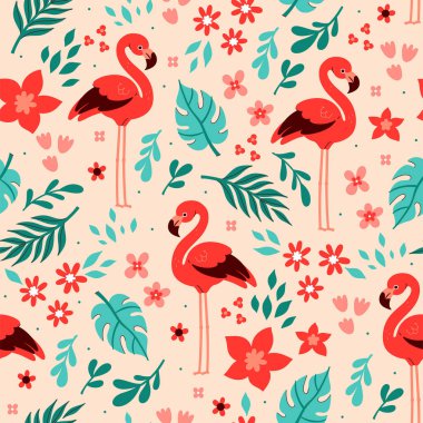 Kırmızı flamingolu, tropikal yapraklı ve çiçekli kusursuz desen. Vektör resmi.