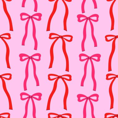 Kırmızı ve pembe fiyonklu basit, pürüzsüz bir desen. Vektör resmi.
