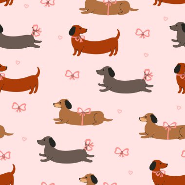 Dachshundlar, yaylar ve kalplerle kusursuz desen. Vektör resmi