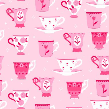 Pembe tonlarda klasik bardaklarla kusursuz desen. Vektör resmi.