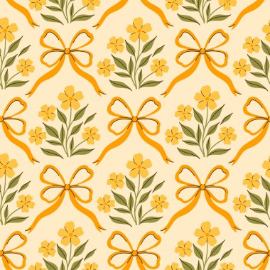 Sarı çiçekli ve sarı fiyonklu kusursuz desen. Vektör resmi.