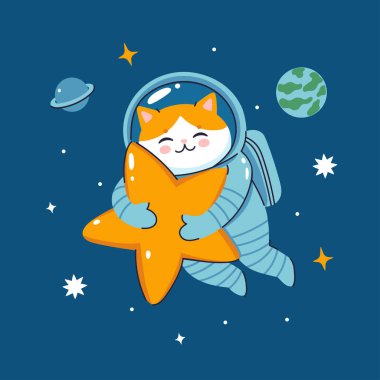 Şirin astronot kedisi bir yıldıza sarılıyor. Vektör resmi.