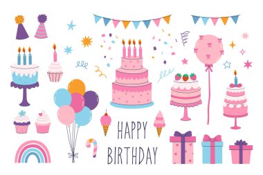 Beyaz arka planda doğum günü kutlaması grafikleri. Vektör resmi.