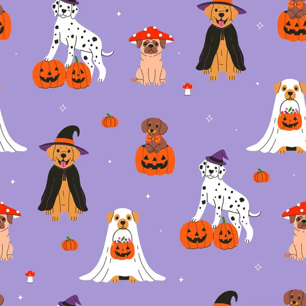 Cadılar Bayramı kostümlü şirin köpeklerle kusursuz bir desen. Vektör resmi.