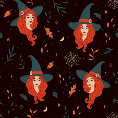 Kusursuz desenli, cadı şapkalı kızların portreleri. Vektör resmi.