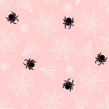 Pembe arka planda örümceklerin ve ağların olduğu kusursuz bir düzen. Vektör resmi.