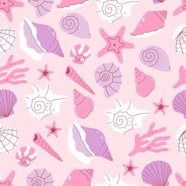 Yumuşak pembe ve yumuşak mor renkte deniz kabuklarıyla kusursuz desen. Vektör resmi.