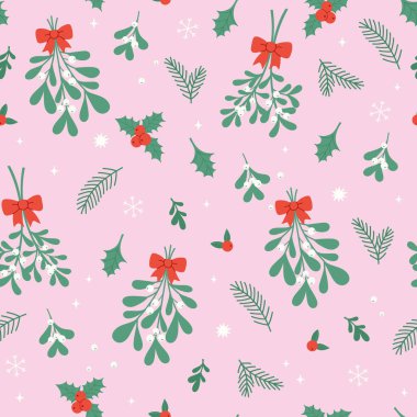 Ökseotu ve kırmızı kurdeleli kusursuz bir Noel deseni. Vektör resmi.