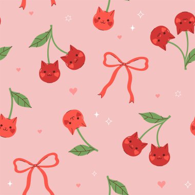 Kedi kirazı ve fiyonklu kusursuz desen. Vektör resmi