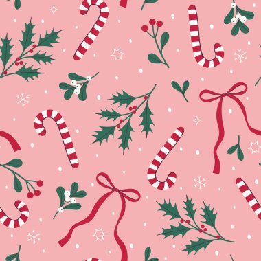 Noel desenleri, baston şekerler, fiyonklar ve kış bitkileriyle. Vektör resmi