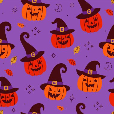 Cadılar bayramı şapkalı balkabaklarıyla kusursuz desen. Vektör resmi.