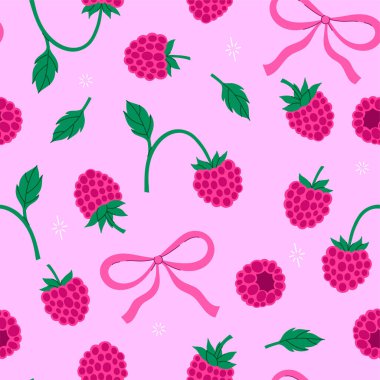 Pembe arka planda ahududu ve fiyonklu kusursuz desen. Vektör resmi.