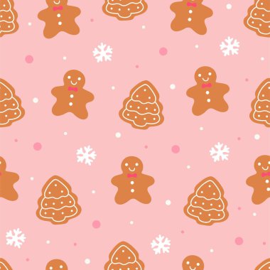 Noel kurabiyesi ve kar taneleriyle kusursuz desen. Vektör resmi