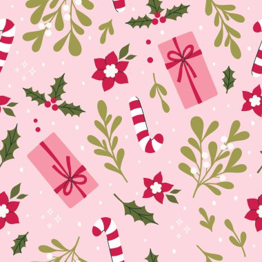 Noel şeker kamışları, kış çiçekleri ve hediyelerle kusursuz bir desen. Vektör resmi