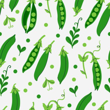 Beyaz arka planda yeşil bezelyeler olan kusursuz bir desen. Vektör resmi.