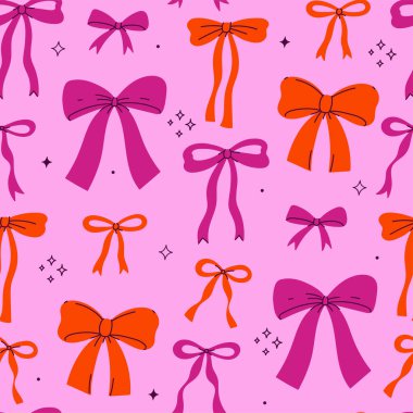 Pembe ve kırmızı fiyonklu kusursuz desen. Vektör resmi.