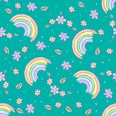 Elle çizilmiş gökkuşağı ve çiçeklerle şirin, pürüzsüz vektör deseni. Kumaş tekstil duvar kâğıdı ve ambalaj için modaya uygun bebek dokusu. Vektör illüstrasyonu