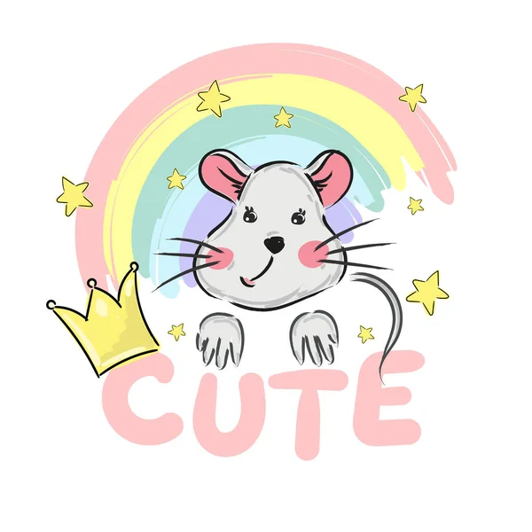 Stampa Carino Cartone Animato Mouse Bambino Con Corona Stelle Arcobaleno — Vettoriale Stock