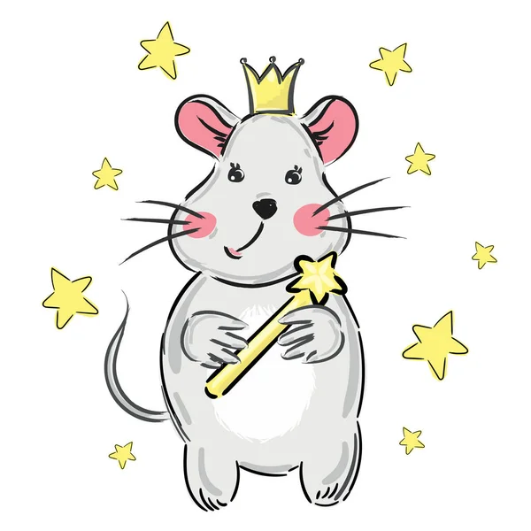Stampa Simpatico Mouse Bambino Cartone Animato Con Corona Stelle Stampa — Vettoriale Stock