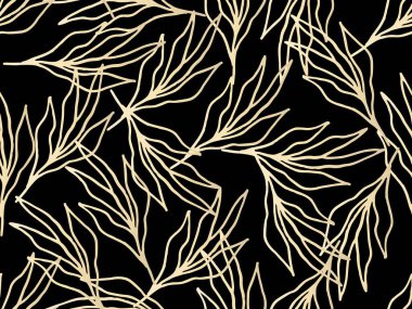 Çiçeksiz desen, koyu arkaplanda altın rengi kahverengi yapraklar, klasik tema. Vektör illüstrasyonu