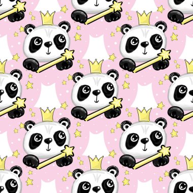 Crown ve Stars Pembe desenli Şirin Kız Panda Çocuk Tekstil ve Kumaş Dekoru İçin Hayvan Arkaplanı. Vektör illüstrasyonu