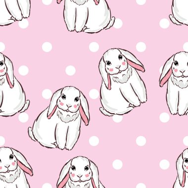 Güzel beyaz tavşanlı kusursuz desenler ve bebek kız tasarımı için puantiyeli noktalar, tekstil kumaş baskı vektörü. Vektör illüstrasyonu