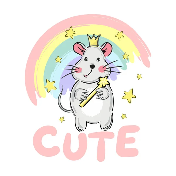 Stampa Carino Animato Baby Mouse Pet Con Corona Stelle Arcobaleno — Vettoriale Stock