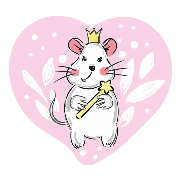 Stampa Simpatico Mouse Bambino Cartone Animato Con Corona Stelle Stampa — Vettoriale Stock